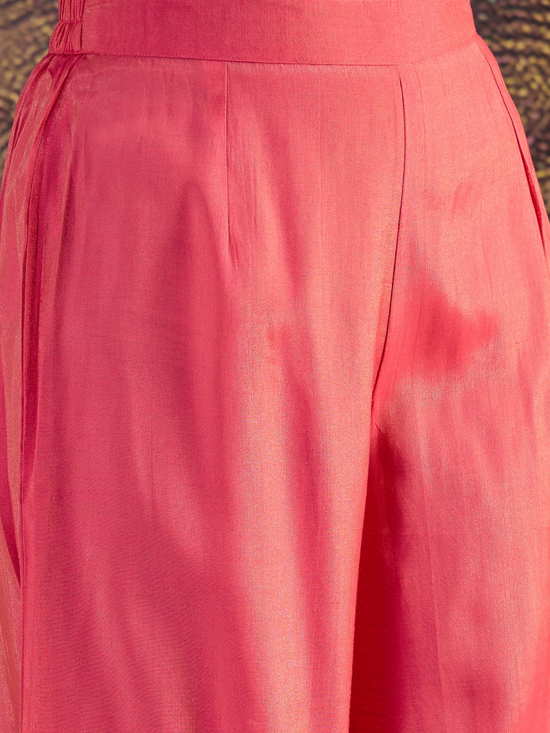 Pink Floral Embroidered Straight Kurta With Palazzo & Dupatta Kurta Set