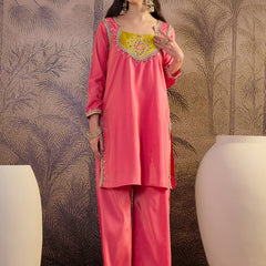 Pink Floral Embroidered Straight Kurta With Palazzo & Dupatta Kurta Set