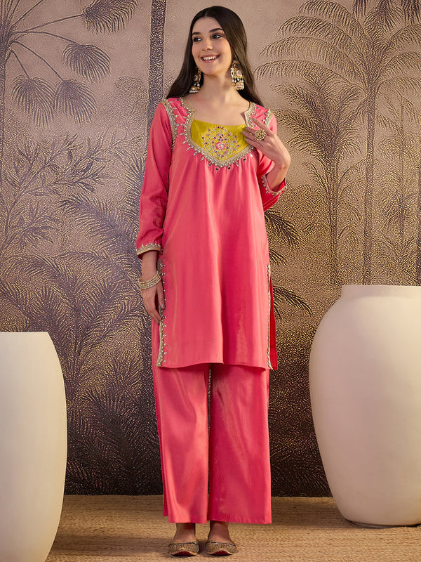 Floral Embroidered Straight Kurta With Palazzo & Dupatta Kurta Set