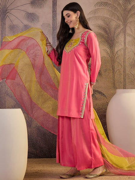 Pink Floral Embroidered Straight Kurta With Palazzo & Dupatta Kurta Set