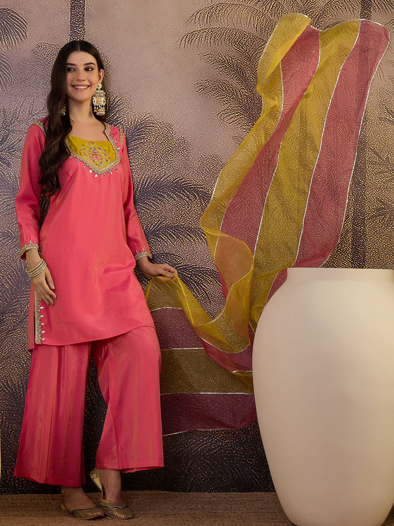 Pink Floral Embroidered Straight Kurta With Palazzo & Dupatta Kurta Set
