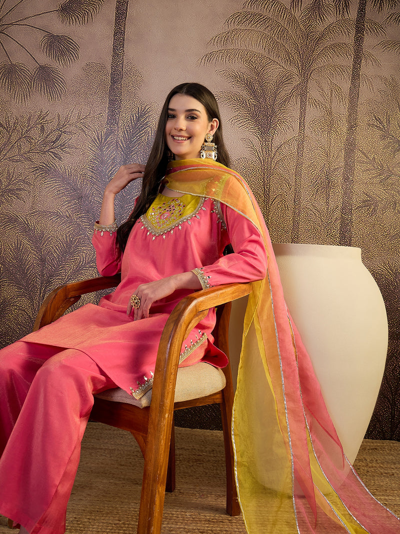 Pink Floral Embroidered Straight Kurta With Palazzo & Dupatta Kurta Set