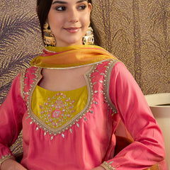 Pink Floral Embroidered Straight Kurta With Palazzo & Dupatta Kurta Set
