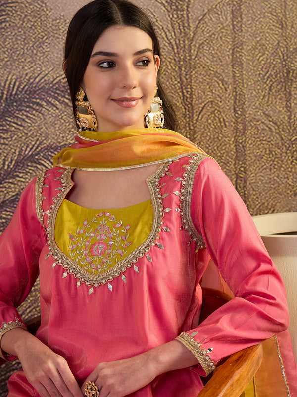 Floral Embroidered Straight Kurta With Palazzo & Dupatta Kurta Set