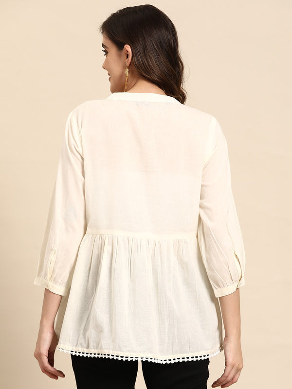 Off White Embroidered Pure Cotton Kurtis