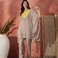 Beige Yoke Design Beads And Stones Round Neck Kaftan Kurta With Trousers