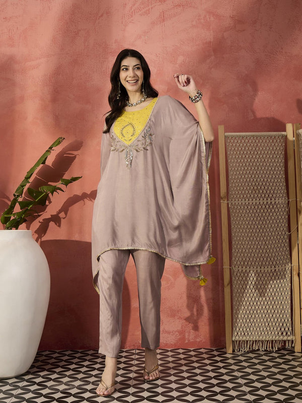 Beige Yoke Design Beads And Stones Round Neck Kaftan Kurta With Trousers