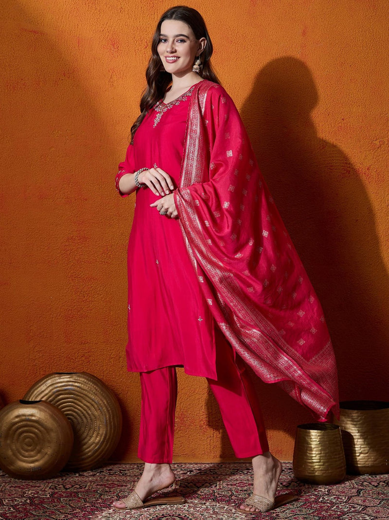 Floral Embroidered Kurta With Trousers And Dupatta