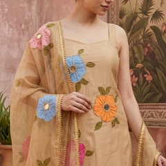 Beige Hand Block Print & Mirror Work Sholder Strap Kurta With Sharara & Dupatta