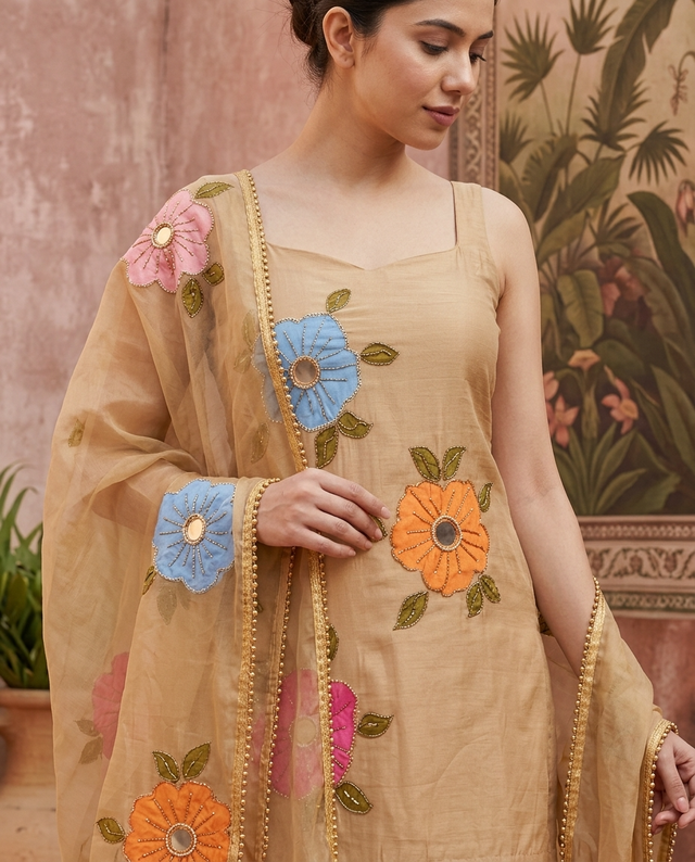 Beige Hand Block Print & Mirror Work Sholder Strap Kurta With Sharara & Dupatta