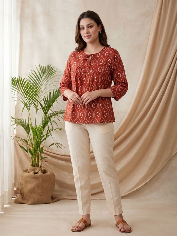 Rust Folka Dots Print Straight Kurtis