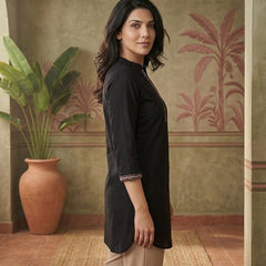 Black Floral Embroidered Straight Short Kurti
