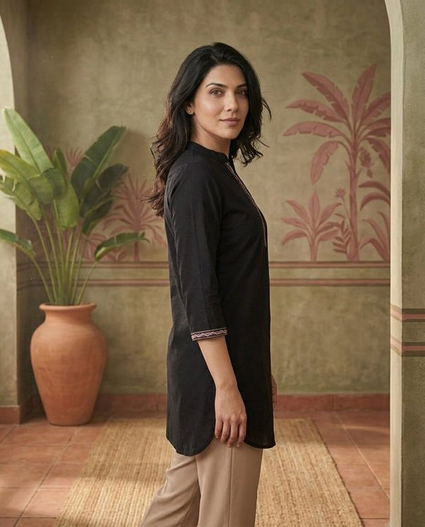 Black Floral Embroidered Straight Short Kurti
