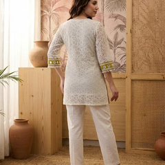 Cotton Schiffle & Mirror Work Tunic With Trouser Co-Ords Set