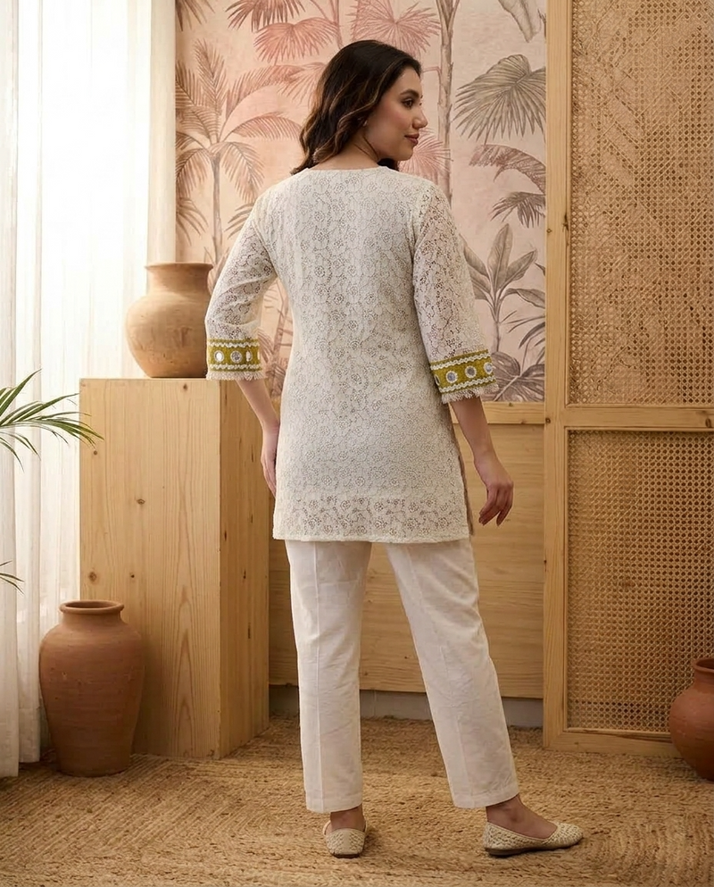 Cotton Schiffle & Mirror Work Tunic With Trouser Co-Ords Set