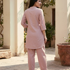 Beige Mandarin Collar Pure Cotton Tunic With Trousers Kurta Set