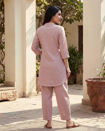 Coral Mandarin Collar Pure Cotton Tunic With Trousers Kurta Set