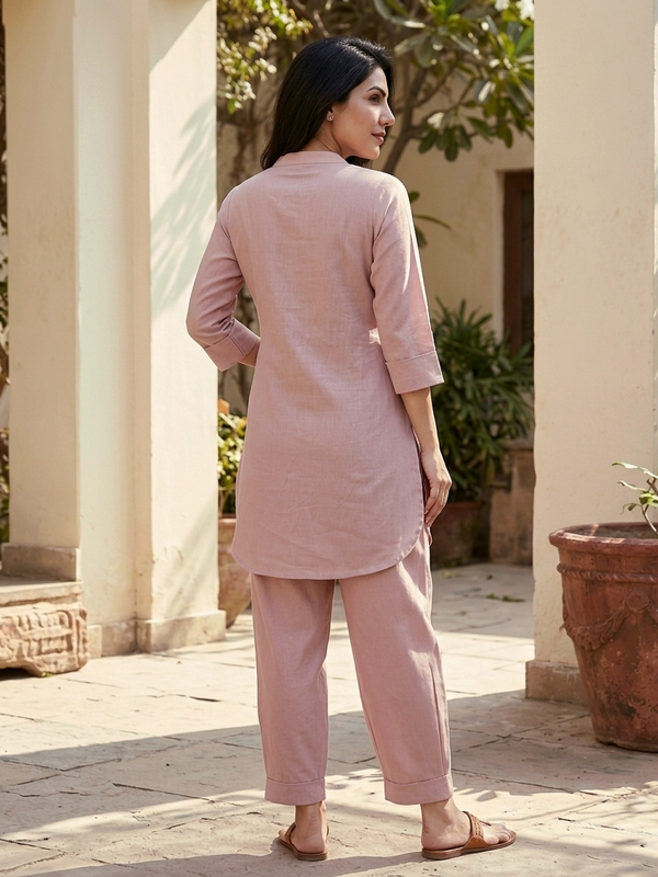 Beige Mandarin Collar Pure Cotton Tunic With Trousers Kurta Set