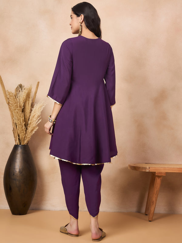 Ethnic Motifs Yoke Design & Sequinned  A-Line Kurta With Dhoti Pants Kurta Set