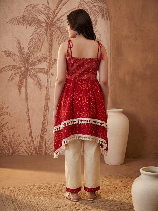 Red Bhandhej Print Shoulder Straps A-Line Kurta With Palazzo Kurta Set