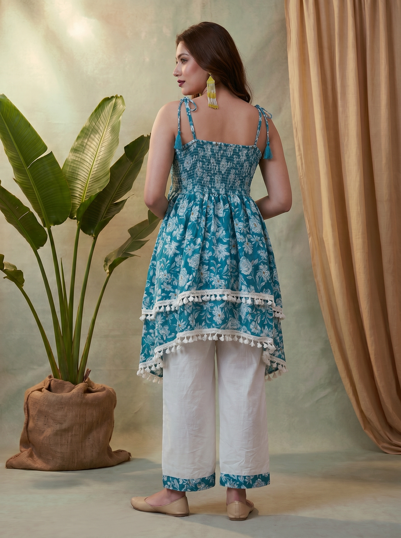 Firozi Floral Print Shoulder Straps A-Line Kurta With Palazzo Kurta Set
