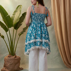 Firozi Floral Print Shoulder Straps A-Line Kurta With Palazzo Kurta Set