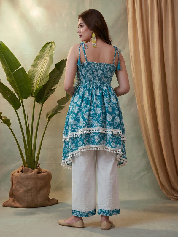Firozi Floral Print Shoulder Straps A-Line Kurta With Palazzo Kurta Set