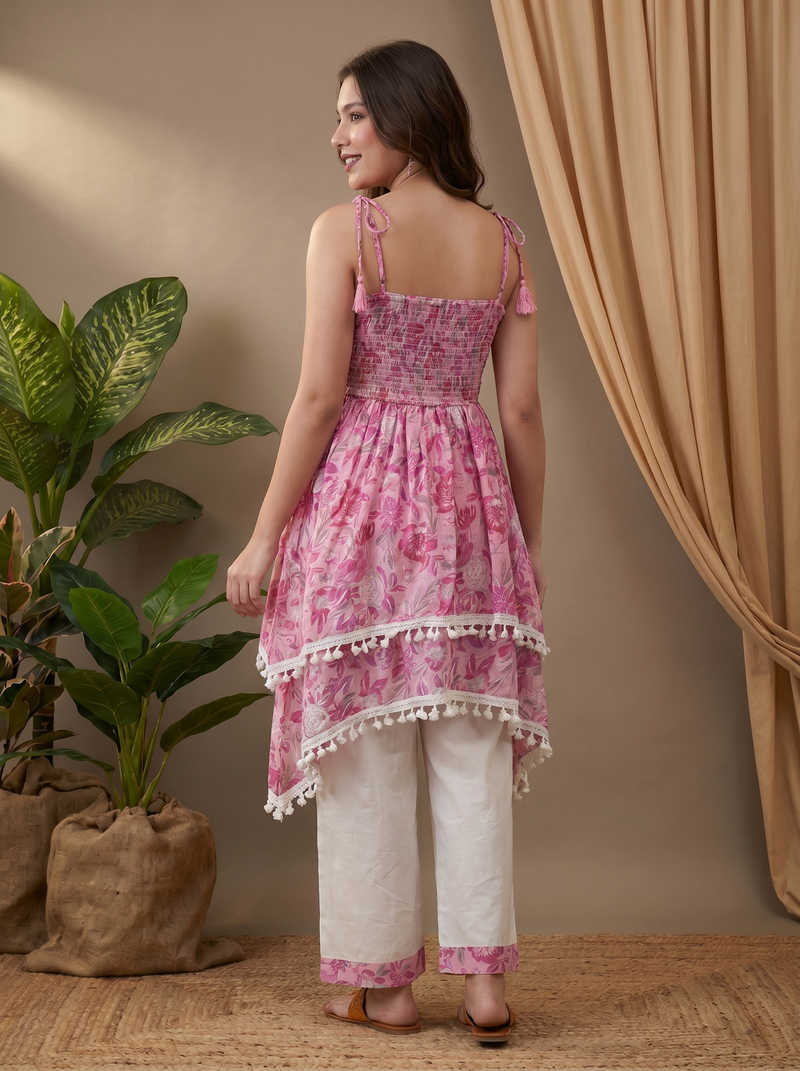Firozi Floral Print Shoulder Straps A-Line Kurta With Palazzo Kurta Set
