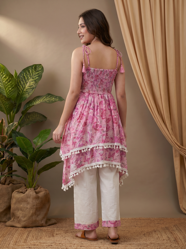 Floral Print Shoulder Straps A-Line Kurta With Palazzo Kurta Set