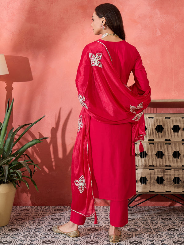 Red Embroidered Gotta Patti Kurta with Trousers & Dupatta Kurta Set