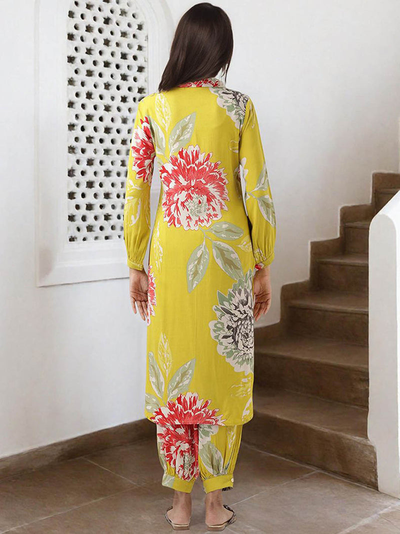 Floral Printed & Mirror Work Pathani Kurta With Trousers Kurta Set