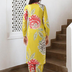 Floral Printed & Mirror Work Pathani Kurta With Trousers Kurta Set