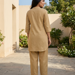 Beige Mandarin Collar Pure Cotton Tunic With Trousers Kurta Set