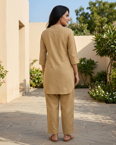 Beige Mandarin Collar Pure Cotton Tunic With Trousers Kurta Set