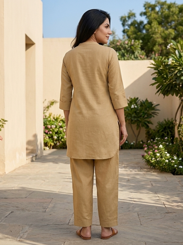 Beige Mandarin Collar Pure Cotton Tunic With Trousers Kurta Set