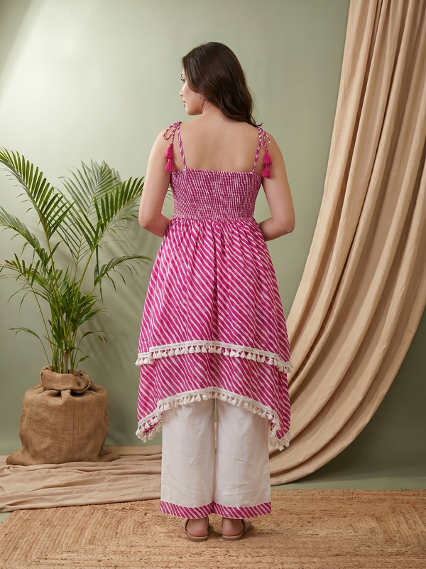 Pink Lahriya Print Shoulder Straps A-Line Kurta With Palazzo Kurta Set