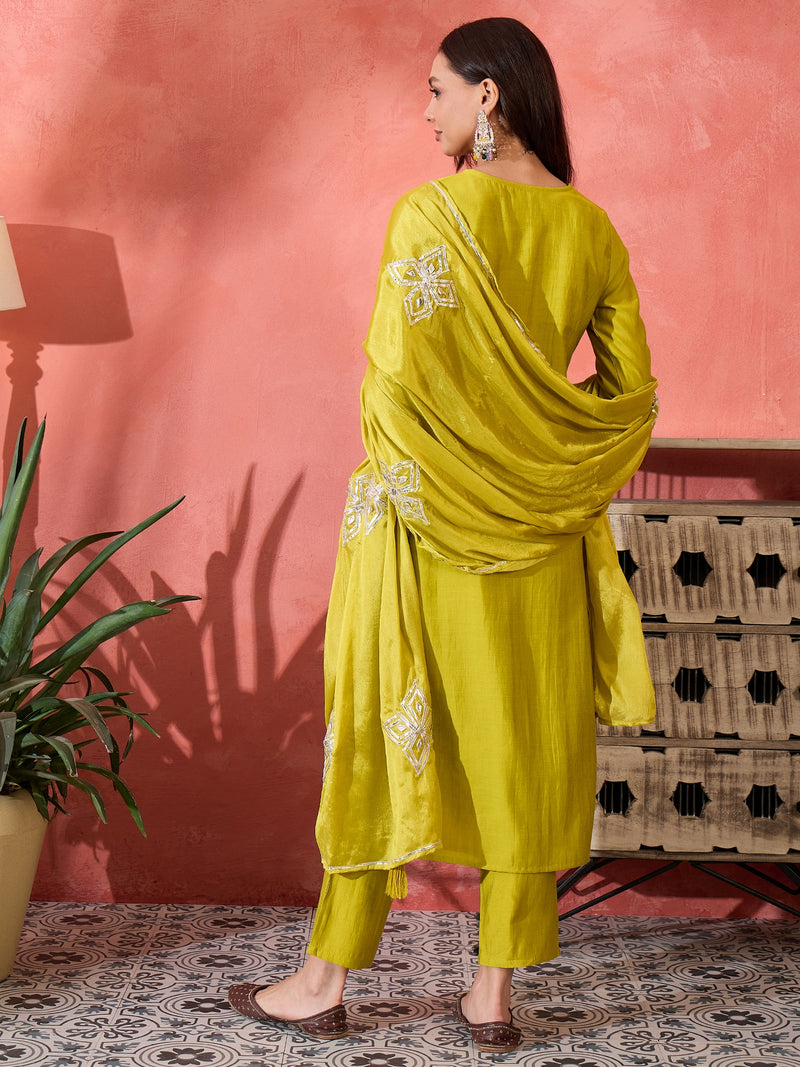 Green Embroidered Gotta Patti Kurta with Trousers & Dupatta Kurta Set