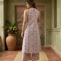 Pink Floral Printed Sleeveless A-Line Kurta With Palazzo Kurta Set