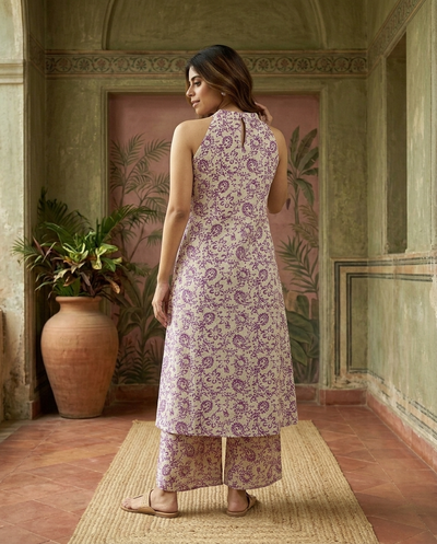 Pink Floral Printed Sleeveless A-Line Kurta With Palazzo Kurta Set