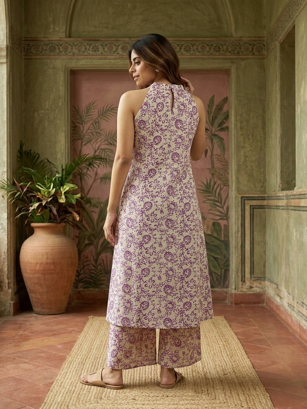 Pink Floral Printed Sleeveless A-Line Kurta With Palazzo Kurta Set