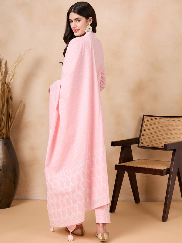 Floral Embroidered Regular Thread Work Pure Cotton Kurta with Trousers & With Dupatta