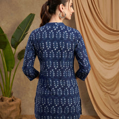 Indigo Blue Ethnic Motif Print Straight Short Kurtis