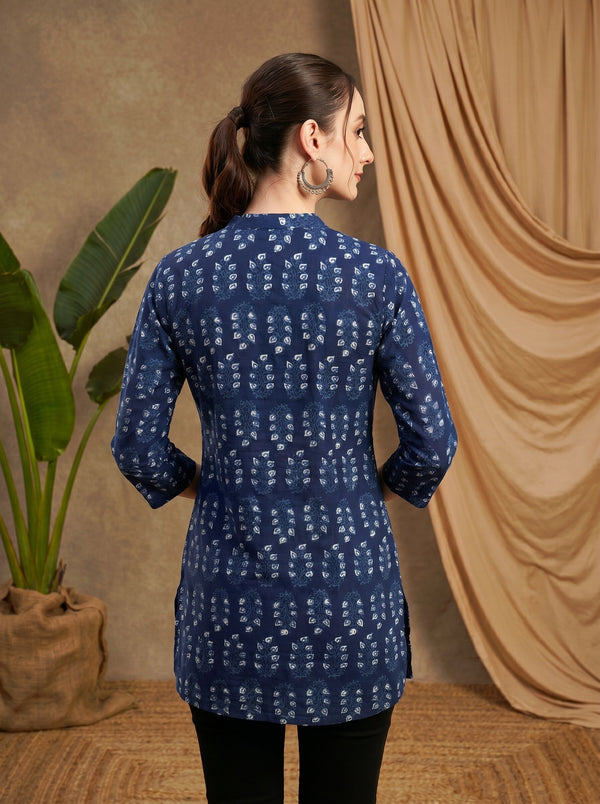 Indigo Blue Ethnic Motif Print Straight Short Kurtis