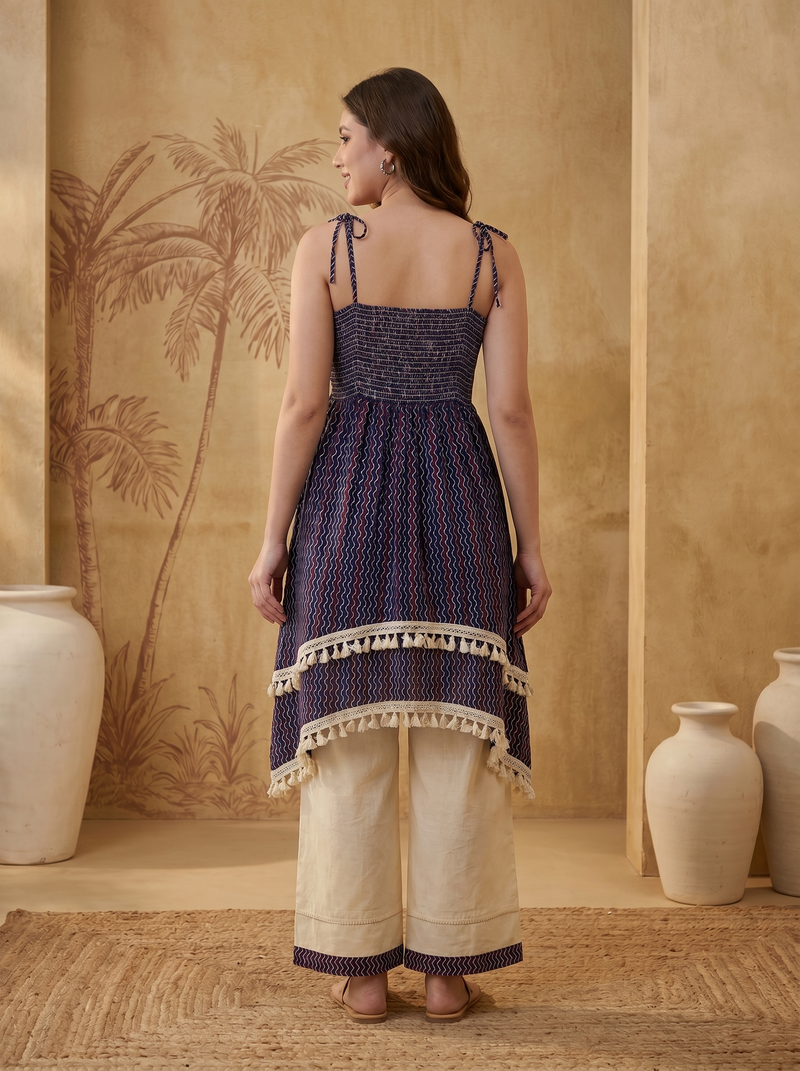 Firozi Floral Print Shoulder Straps A-Line Kurta With Palazzo Kurta Set