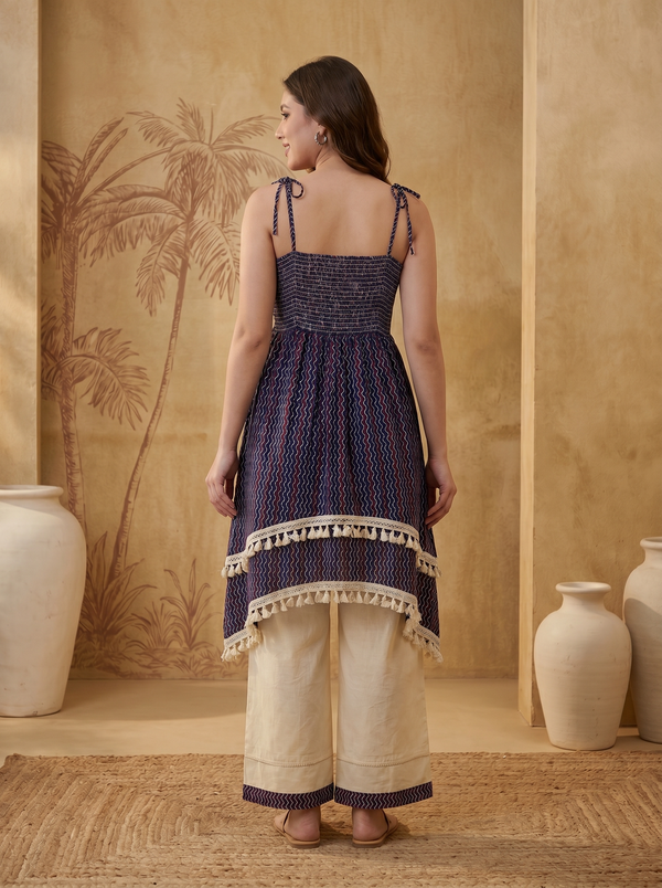 Navy Blue Ethnic Motif Print Shoulder Straps A-Line Kurta With Palazzo Kurta Set
