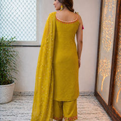 Mustard Embroidered Shoulder Straps Straight Kurta With Trouser & Dupatta Kurta Set