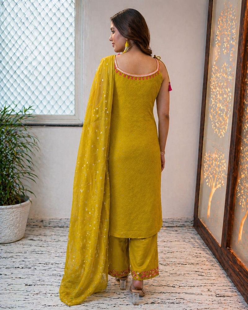 Mustard Embroidered Shoulder Straps Straight Kurta With Trouser & Dupatta Kurta Set