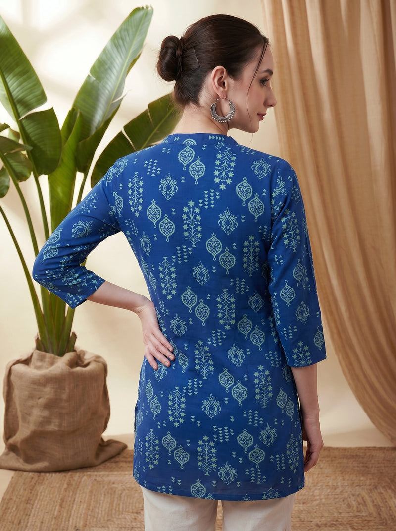 Indigo Blue Ethnic Motif Print Straight Short Kurtis