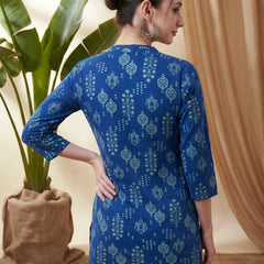 Indigo Blue Ethnic Motif Print Straight Short Kurtis