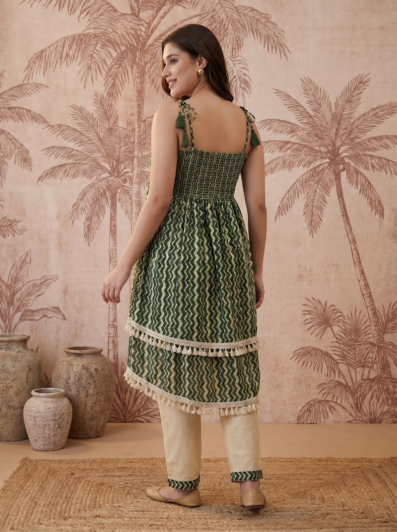 Firozi Floral Print Shoulder Straps A-Line Kurta With Palazzo Kurta Set